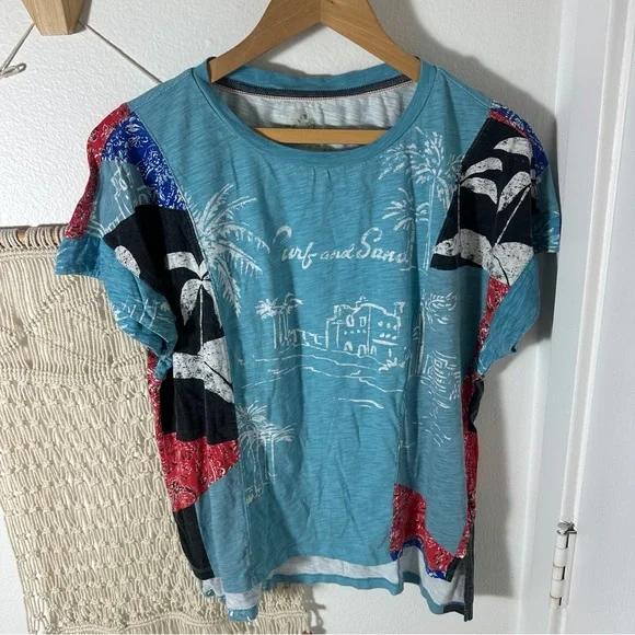 Anthropologie Pilcro Laguna Aqua Surf and Sand Graphic Patchwork Bandana Tee S - Picture 9 of 13